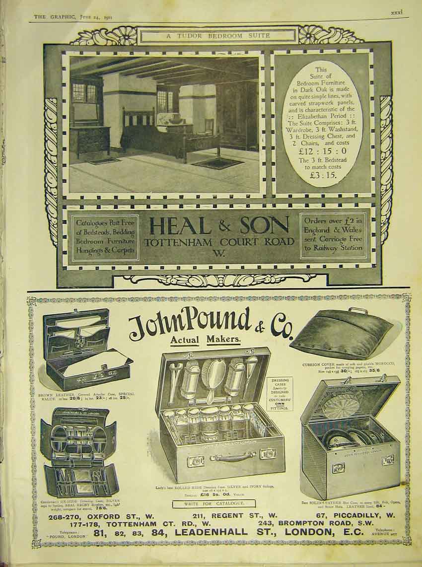 Original Old Antique Print Heal Furniture Bedroom Pound Case Advert 1911 20th