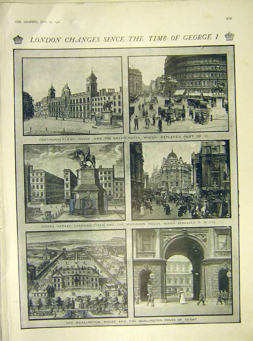 Original Old Antique Print London Northumberland House Cornhill Burlington 1911