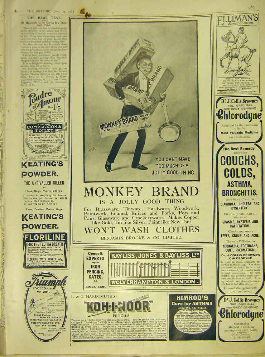 Original Old Antique Print Advert Monkey Brand Ellimans Himrods Keating 1911