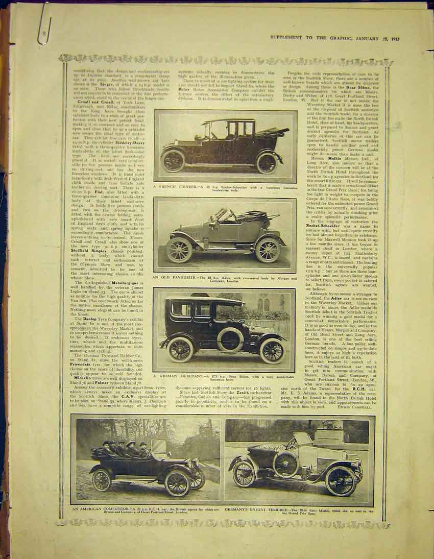 Old Antique Print Automobile Morgan Adler Mathis Croall Vauxhall Talbot