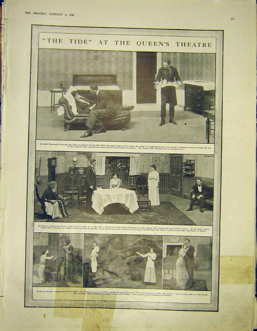 Original Old Antique Print Queens Theatre Play The Tide 1913 20th Century