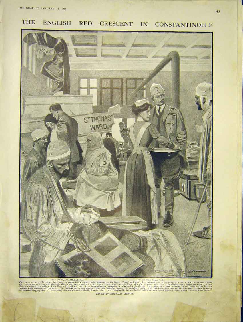 Old Antique Print English Red Crescent Constantinople Cleaver Cross 1913 20th