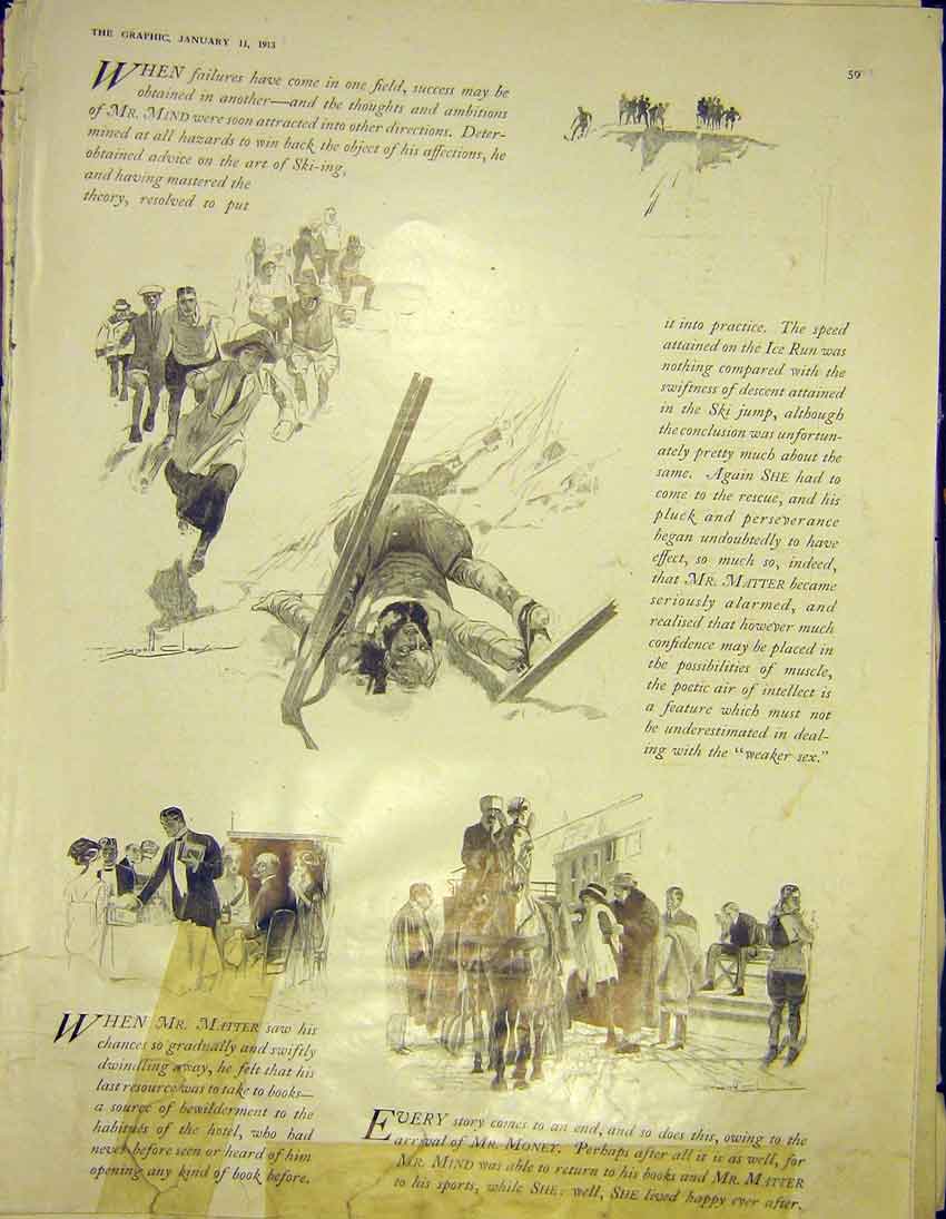 Original Old Antique Print Sketch Story Mr. Wind Mind Matter Money Snow Ski 1913