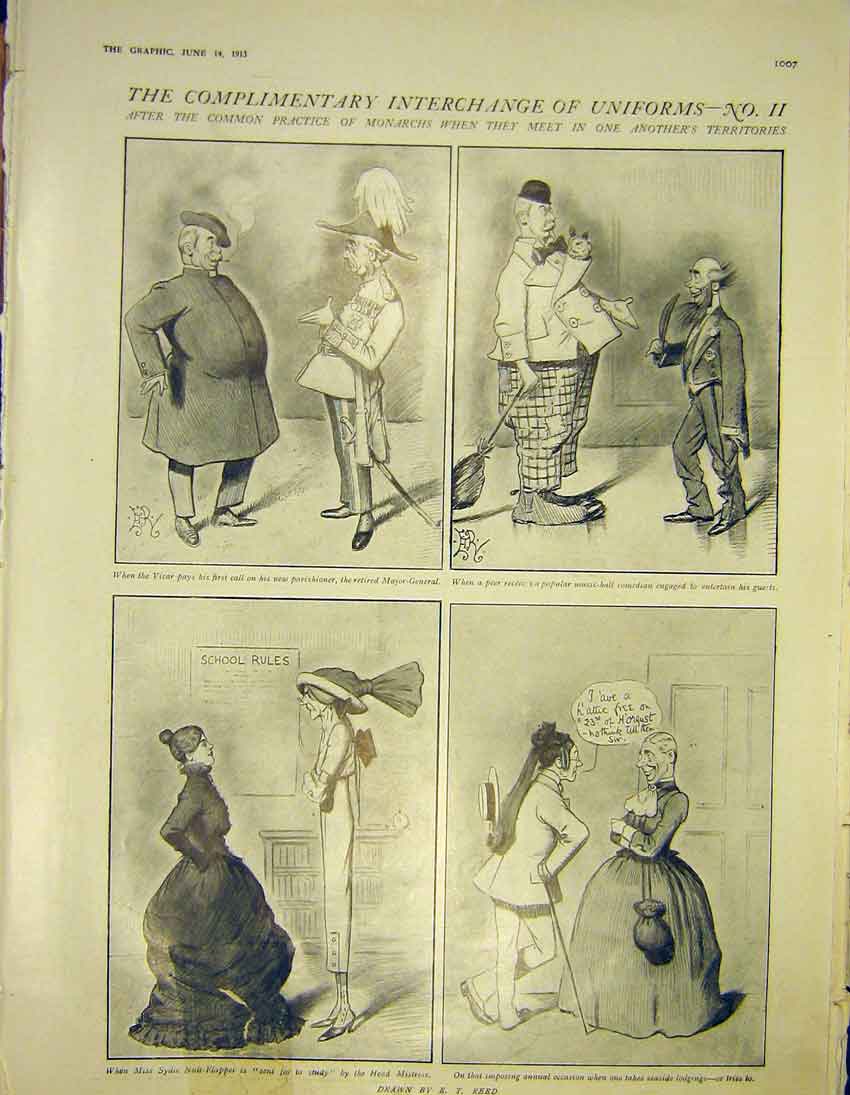 Original Old Antique Print Uniforms Complimentary Exchange Vicar Major-General
