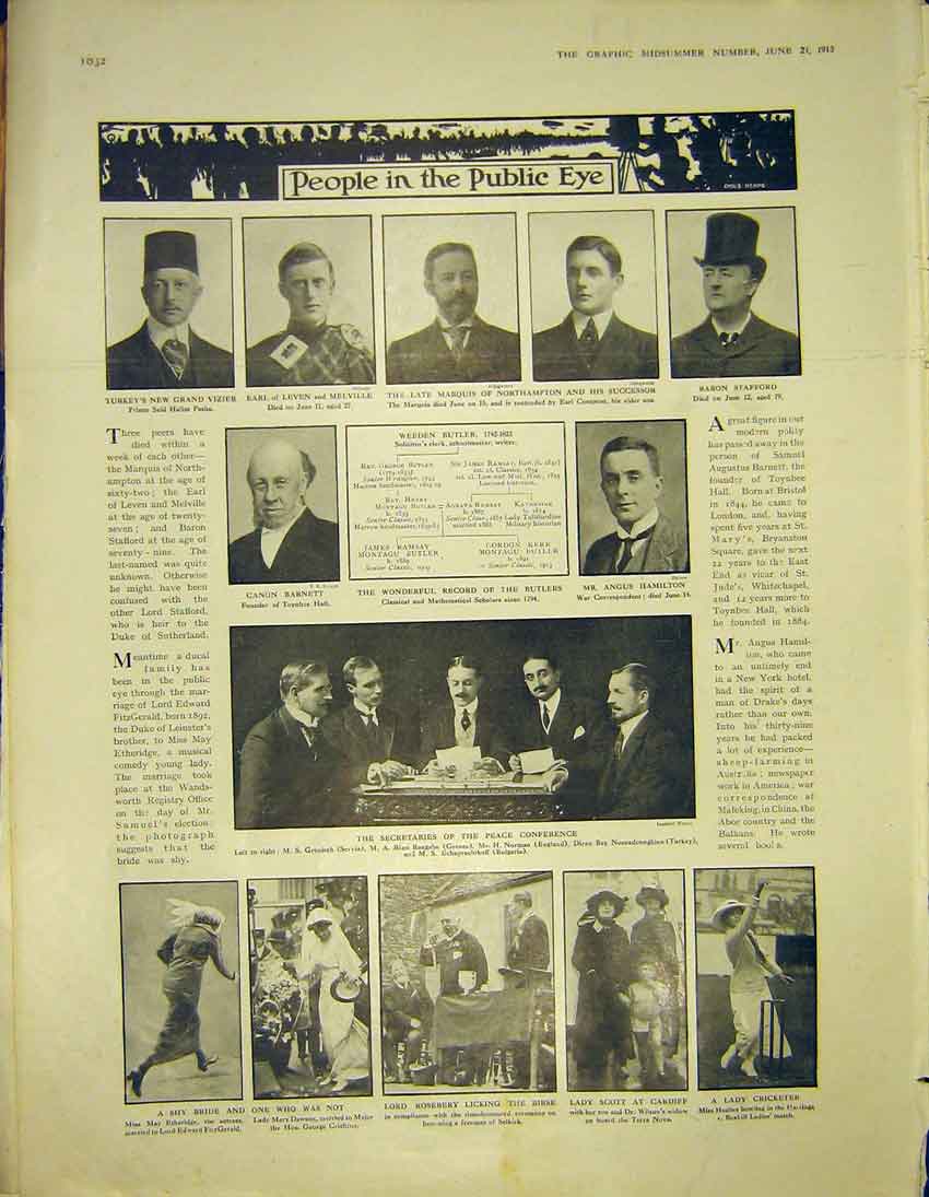 Original Old Antique Print People Portrait Roseberry Barnett Hamilton 1913 20th