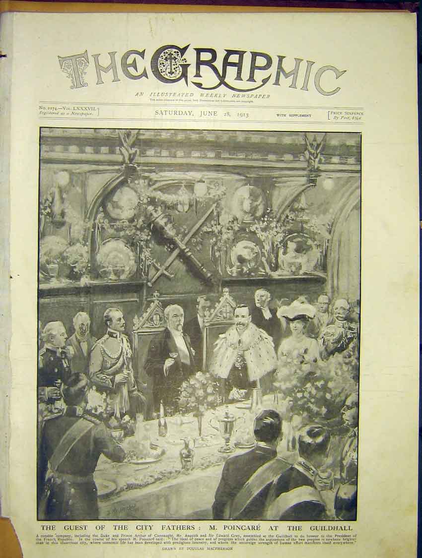Original Old Antique Print Poincare Guildhall London Duke Connaught 1913 20th