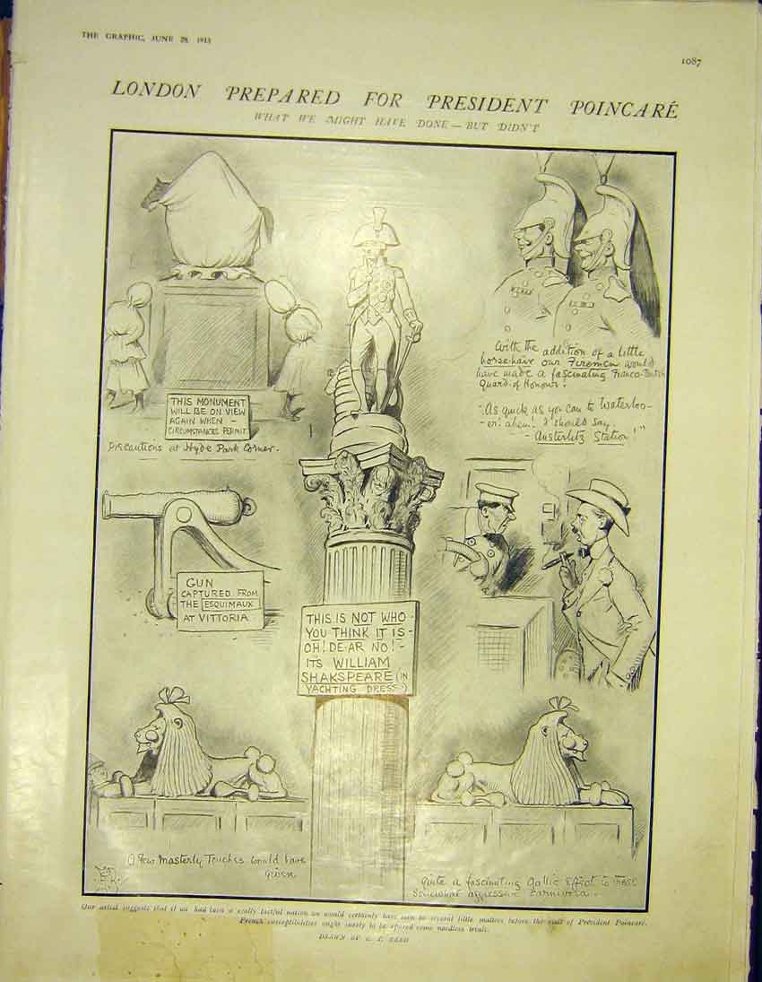 Original Old Antique Print London Sketches Poincare Reed Monuments 1913 20th