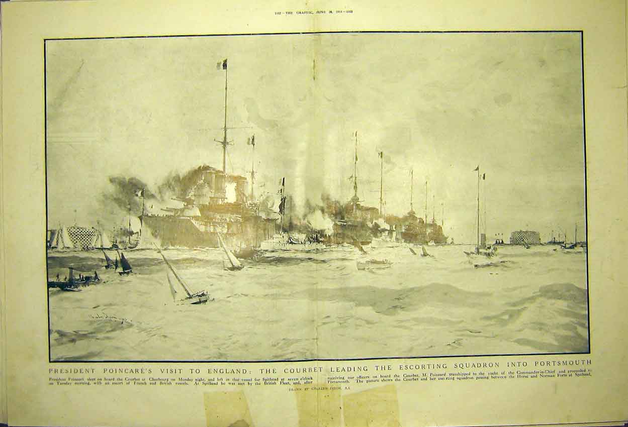 Original Old Antique Print President Poincare Courbet Squadron Portsmouth 1913