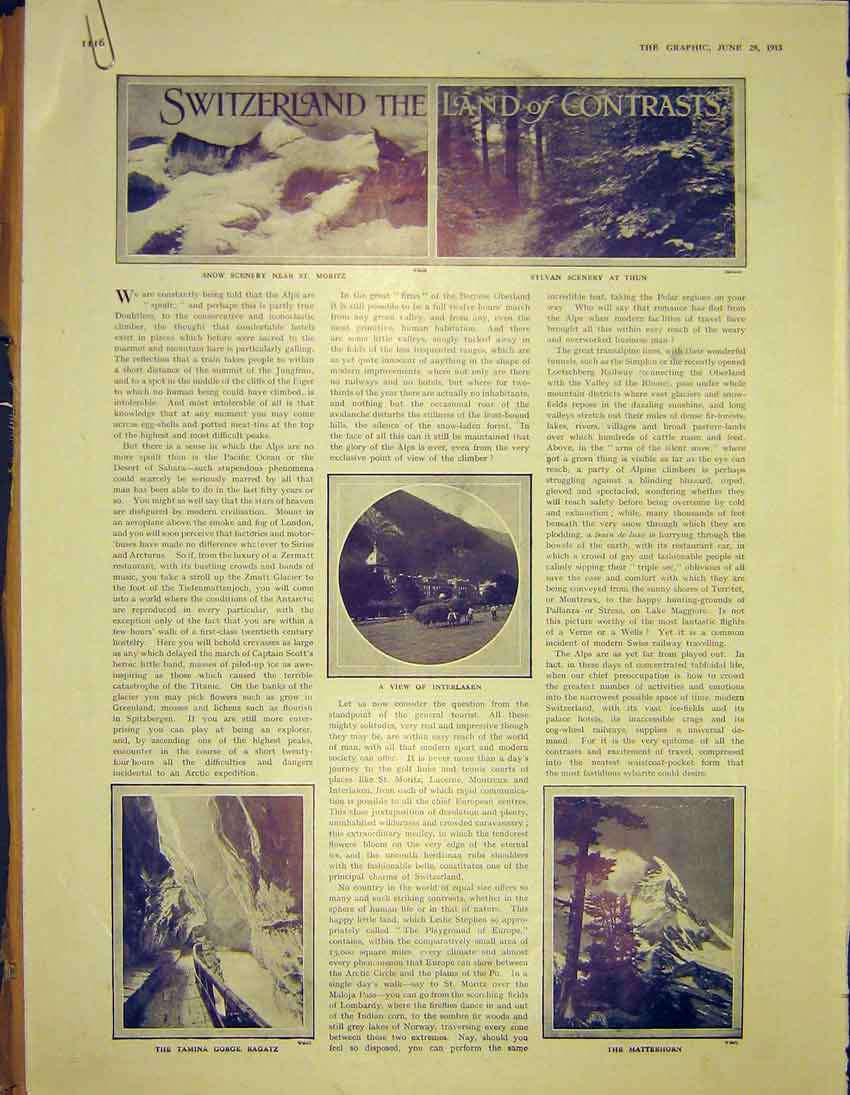Old Antique Print Switzerland Interlaken Ragatz Matterhorn Hotel Advert