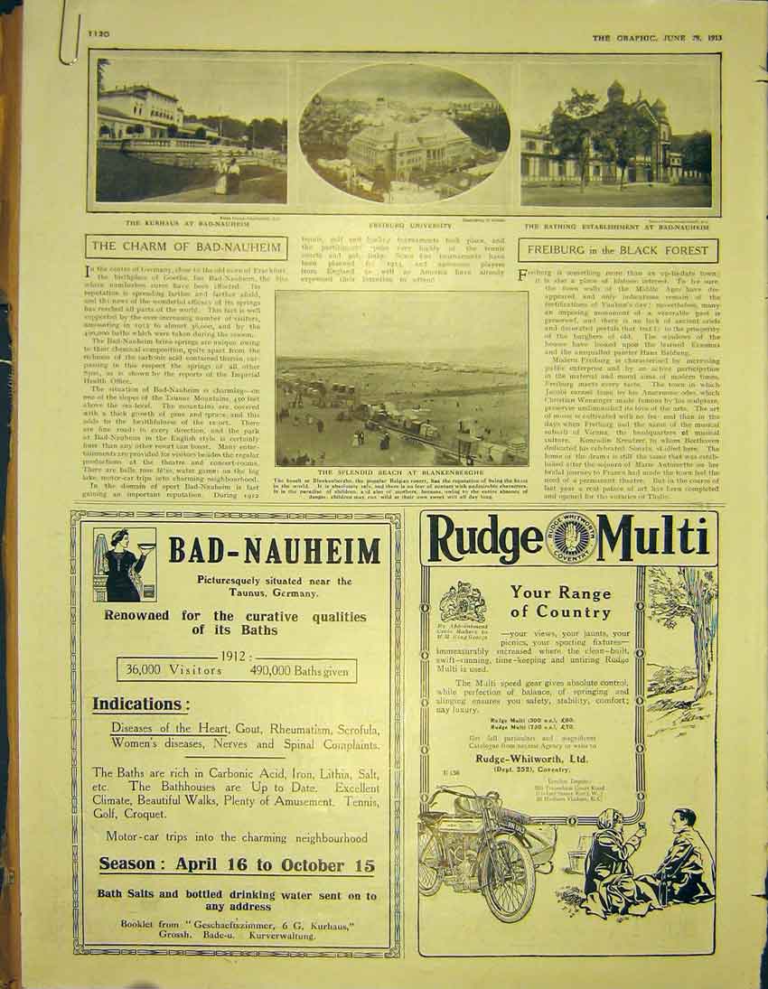 Original Old Antique Print Bad-Nauheim Frieburg University Advert Hotel 1913