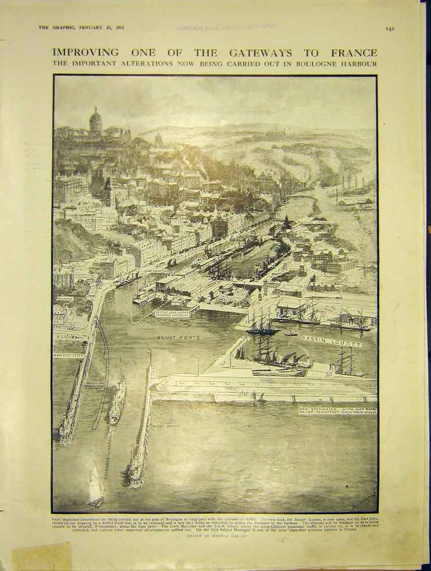 Original Old Antique Print Boulogne Harbour France London Human Curzon 1913
