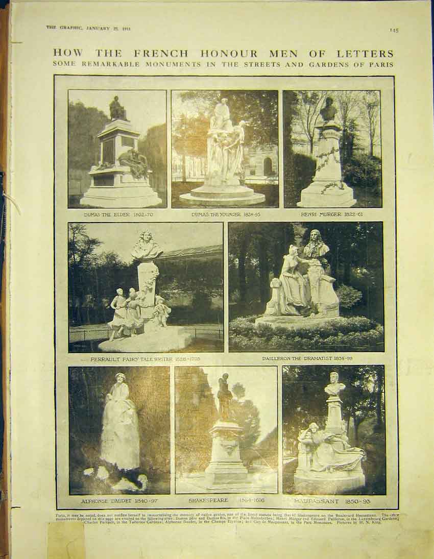 Original Old Antique Print French Honour Monuments Litiriture Shakespeare 1913