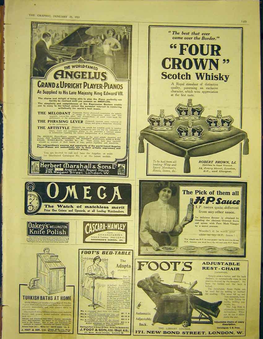 Original Old Antique Print Advert Omega Angelus Piano Foots H P Sauce 1913 20th
