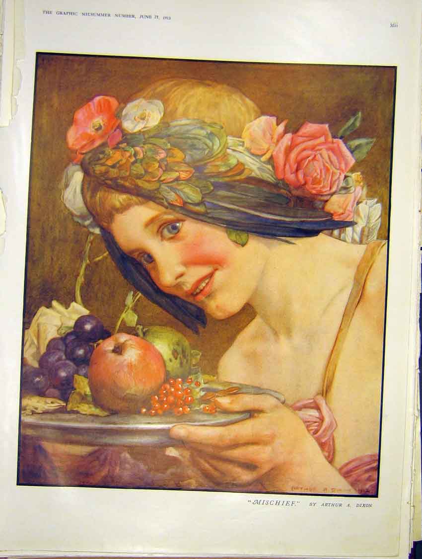 Original Old Antique Print Mishcief Dixon Art 1913 Lady Fruit Tavistock 20th