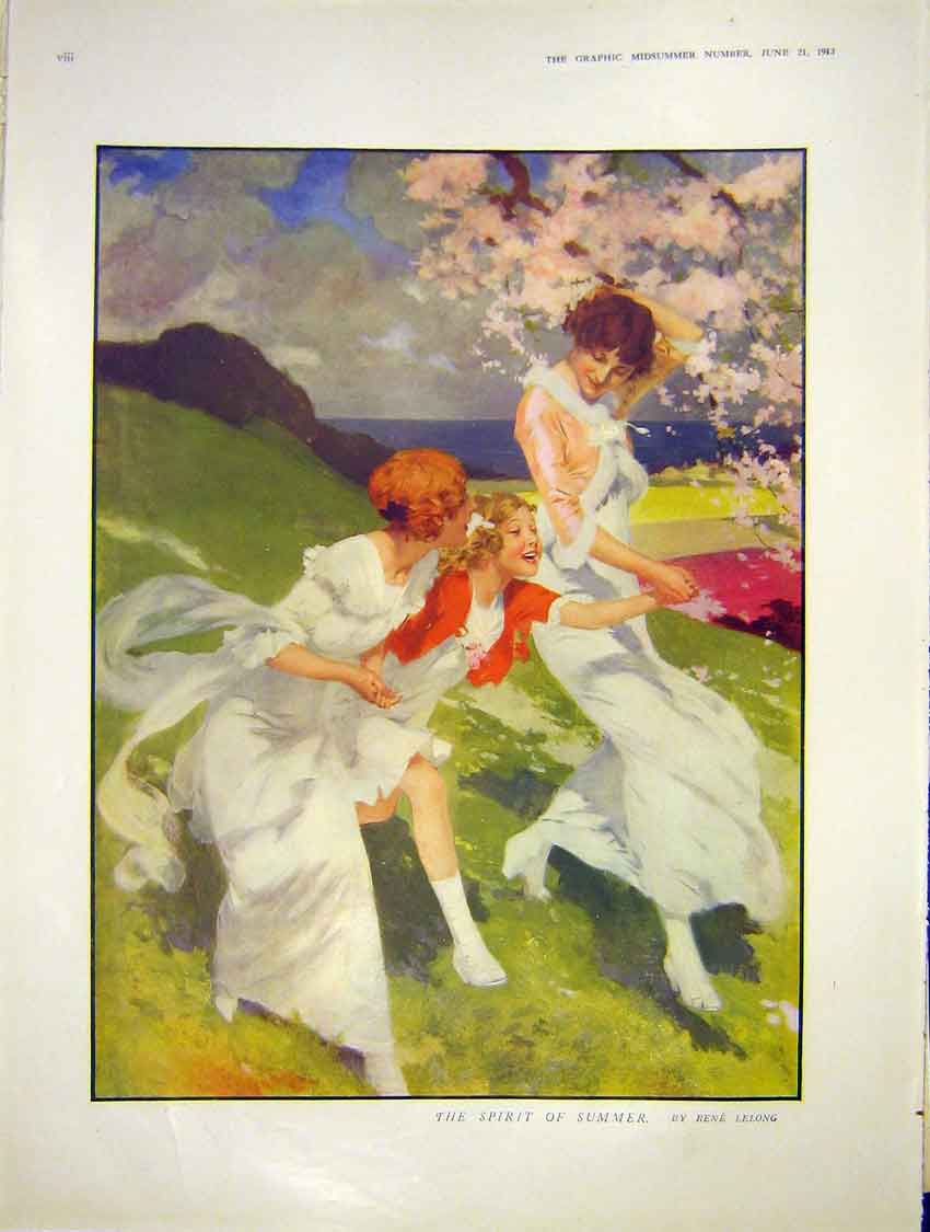 Original Old Antique Print Summer Lady Children Lelong Art 1913 Boy Boat Drake