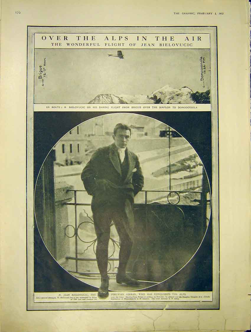 Original Old Antique Print Alps Bielovicic Airman Bulgaria Roumania 1913 20th