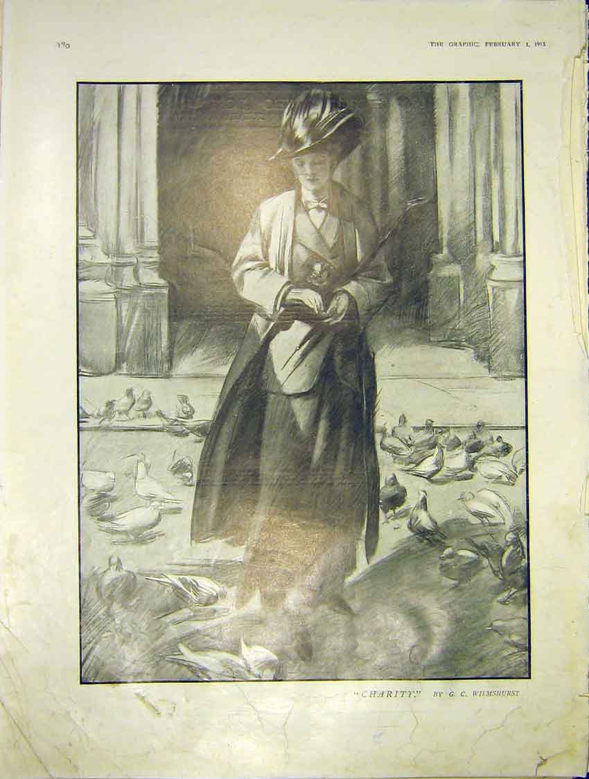 Old Antique Print Charity Wilmshurst Lady Pigeons Theatre Headmaster 1913 20th