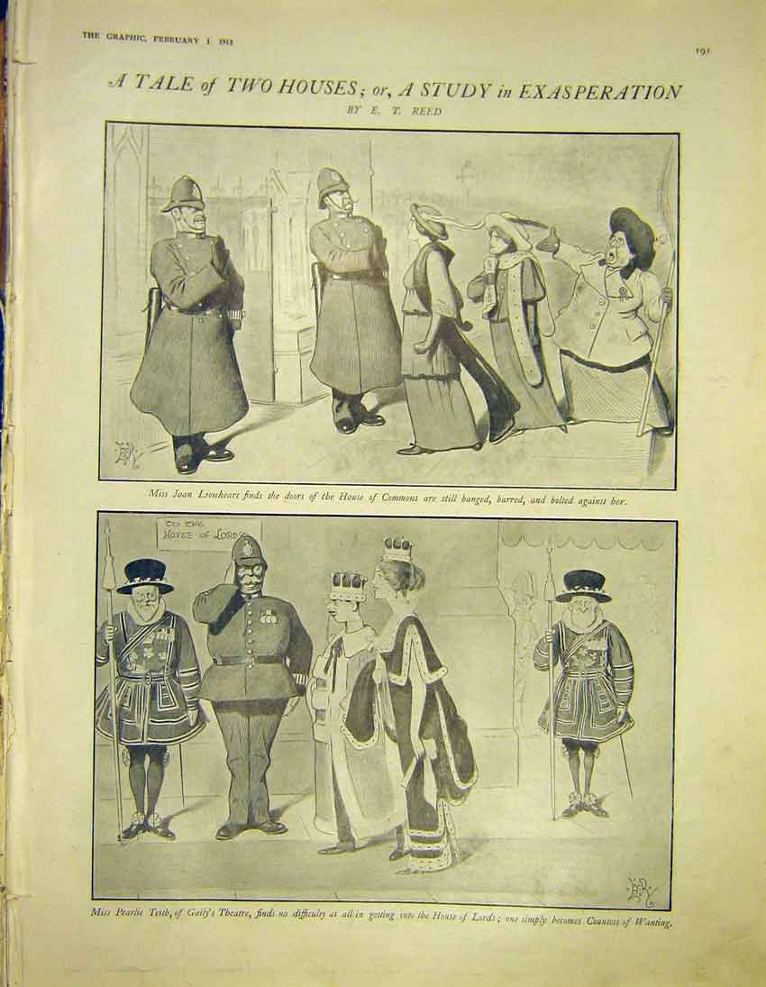 Original Old Antique Print Reed Sketches House Commons Teith Theatre Lords 1913