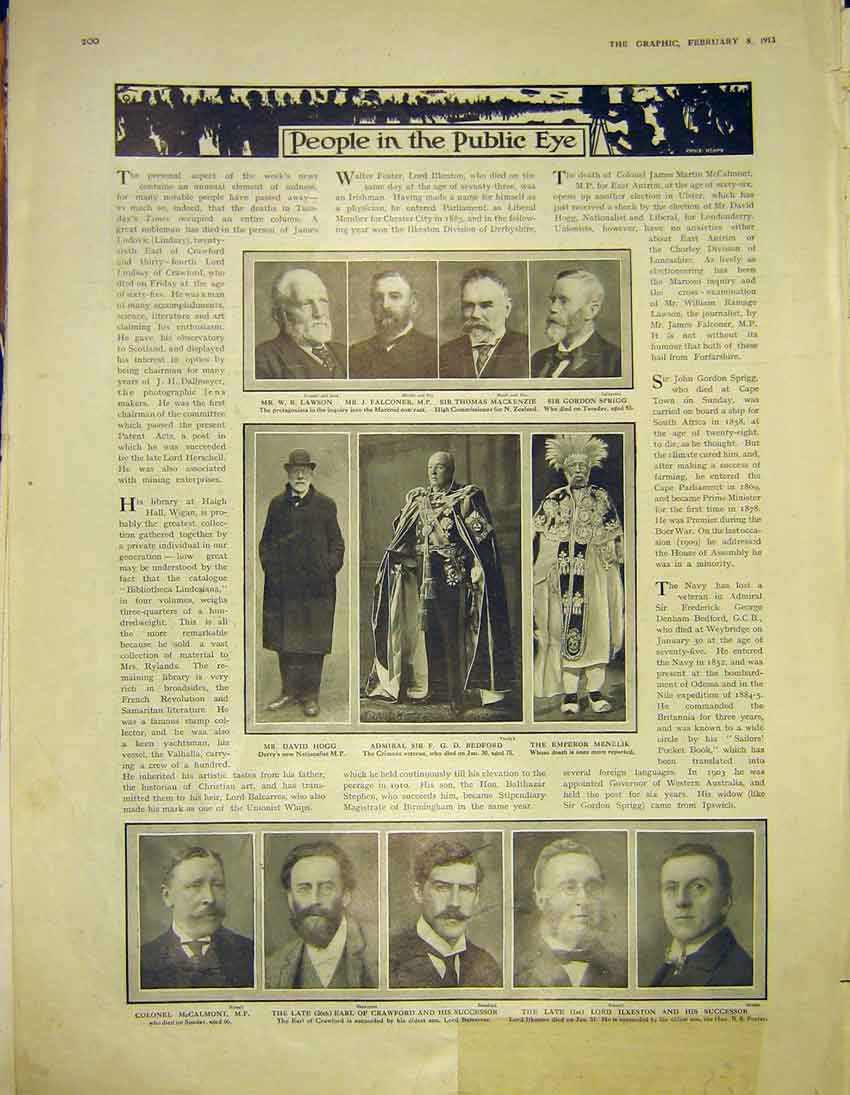 Original Old Antique Print Portrait Mccalmont Crawford Lawson Falconer 1913 20th