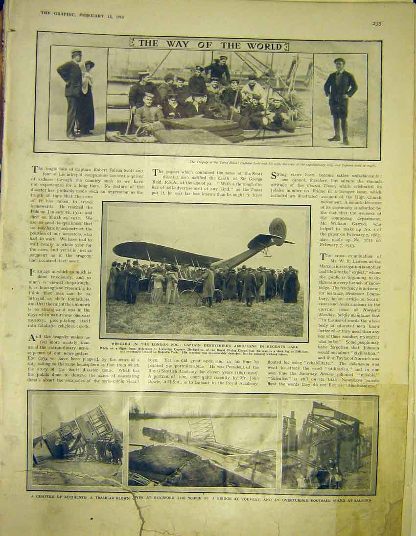 Original Old Antique Print Terra Nova Aeroplane Tramcar Accidents 1913 20th