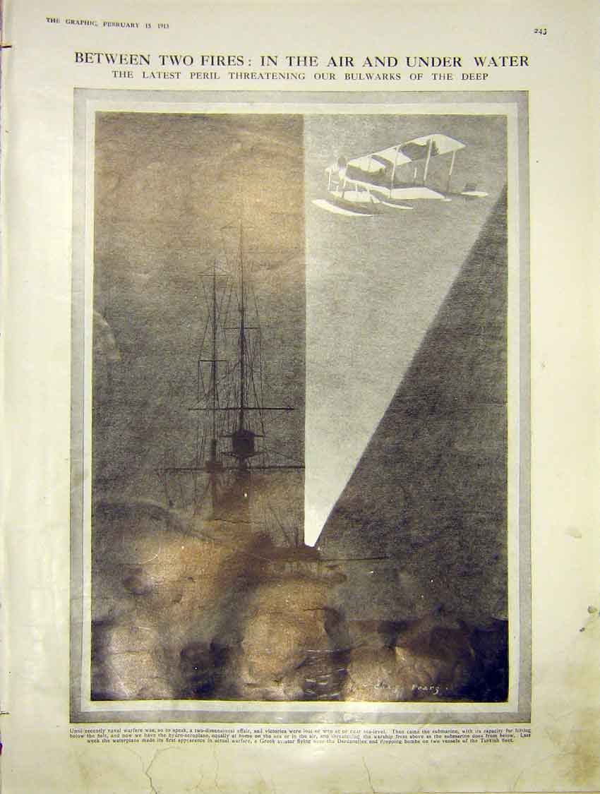 Original Old Antique Print Aeroplane Warfare Aviator Dardanelles Ship 1913 20th