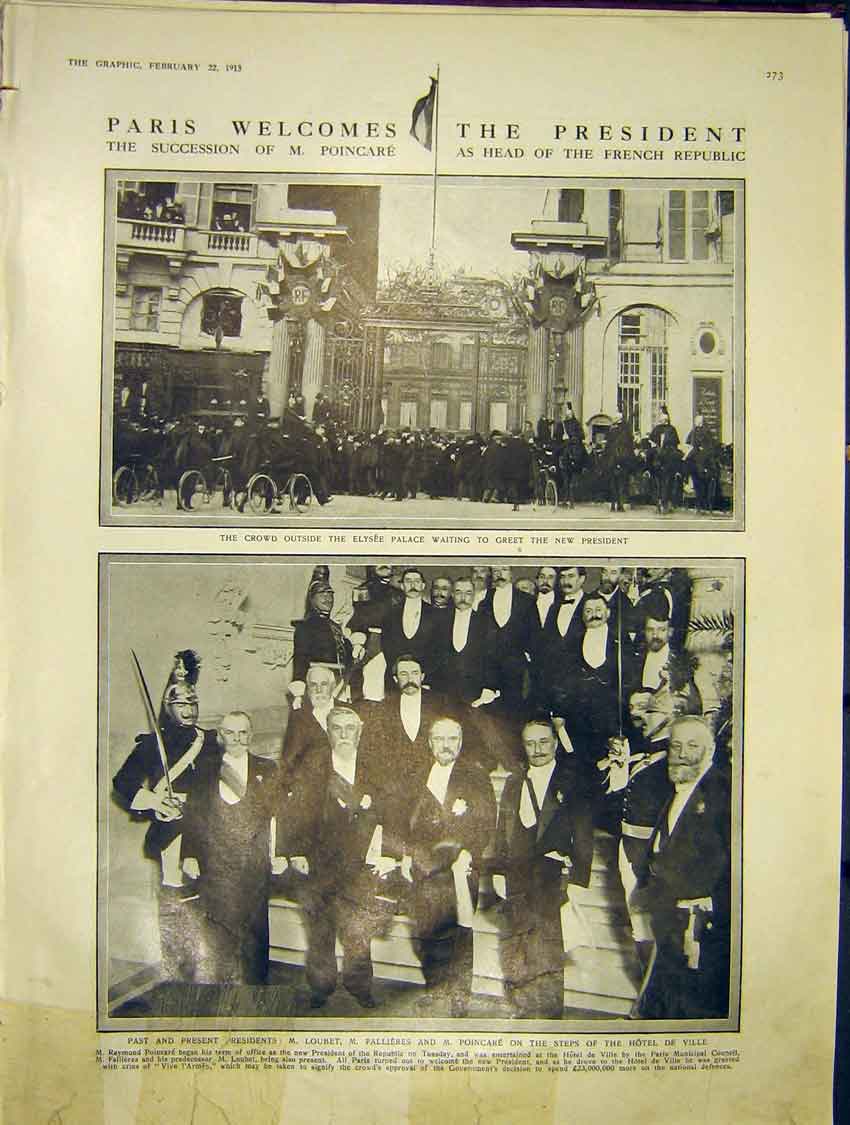 Original Old Antique Print Paris President Poincare French Loubet Fallieres 1913