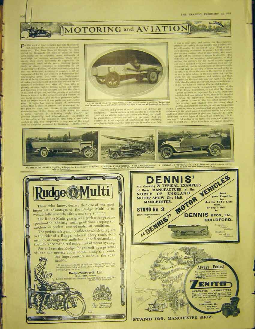 Original Old Antique Print Rudge Wolseley Zenith Dennis Dunlop Peugeot 1913