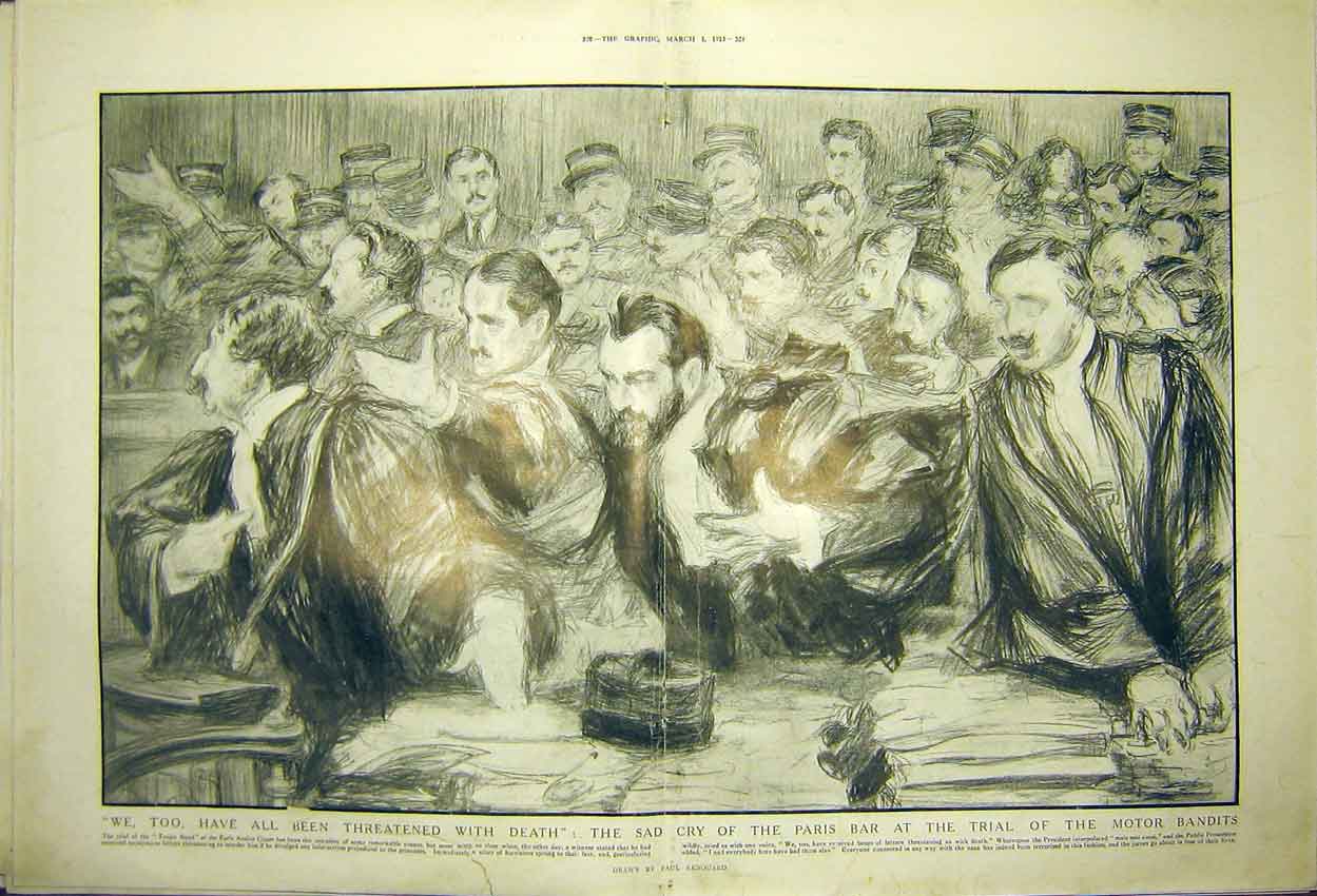 Original Old Antique Print Paris Trial Motor Bandits Renouard Assize Court 1913