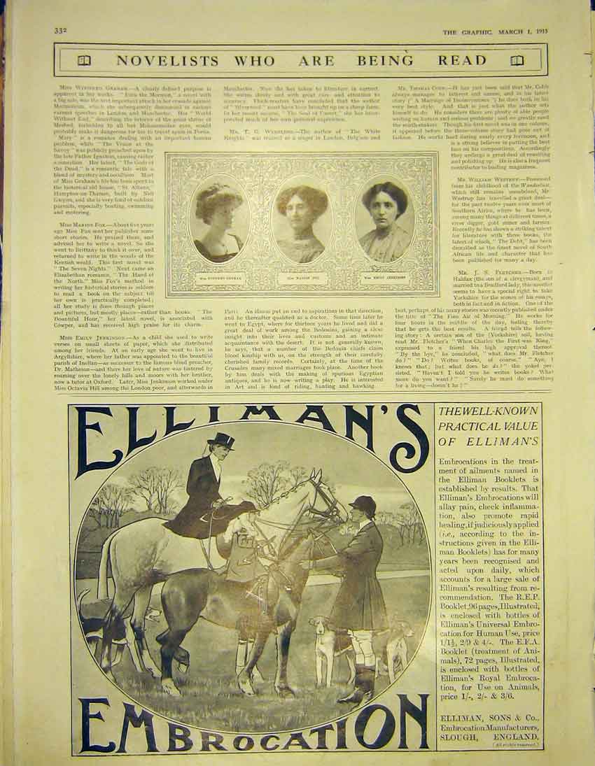 Original Old Antique Print Advert Ellimans Embarcation Horse Hunt Hound 1913