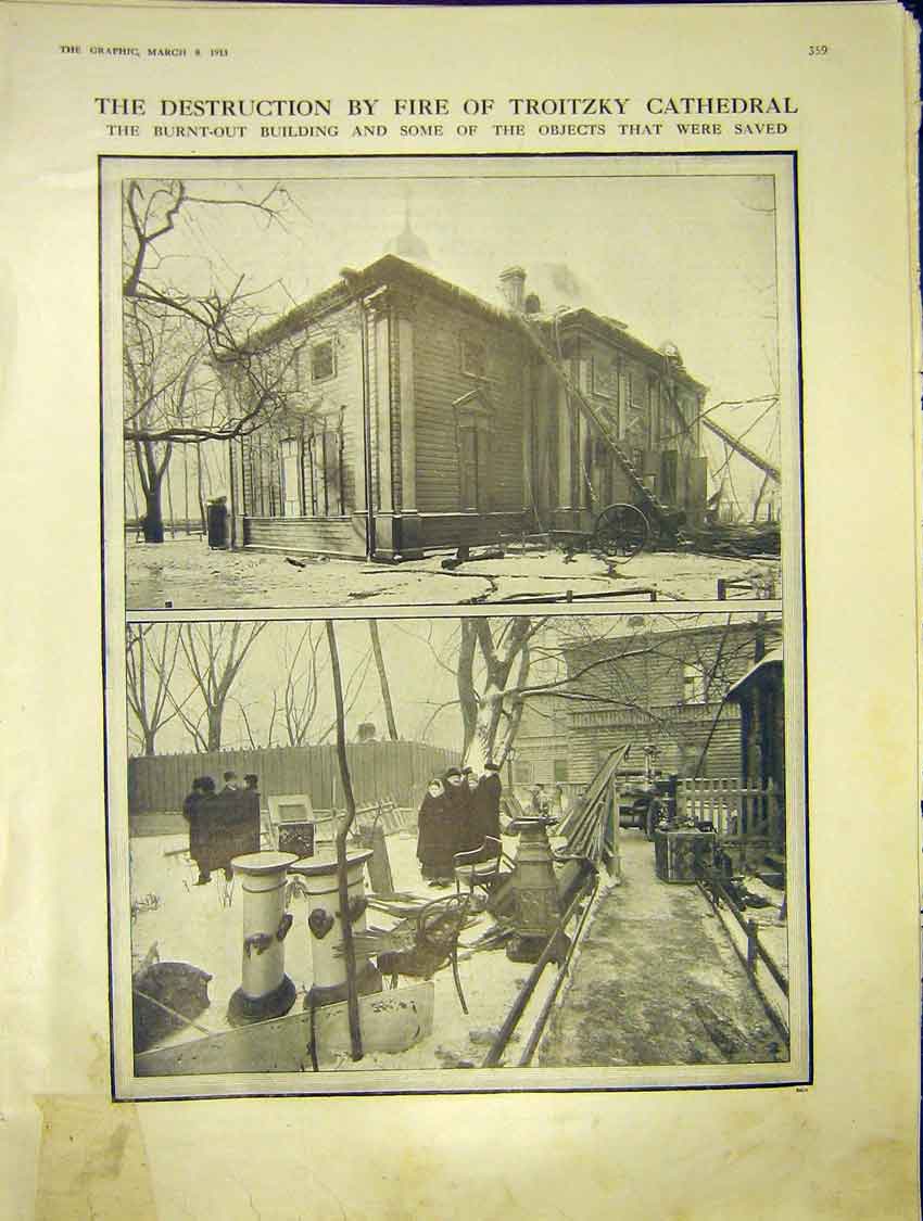 Original Old Antique Print Troitzky Cathedral Building Fire Destruction 1913