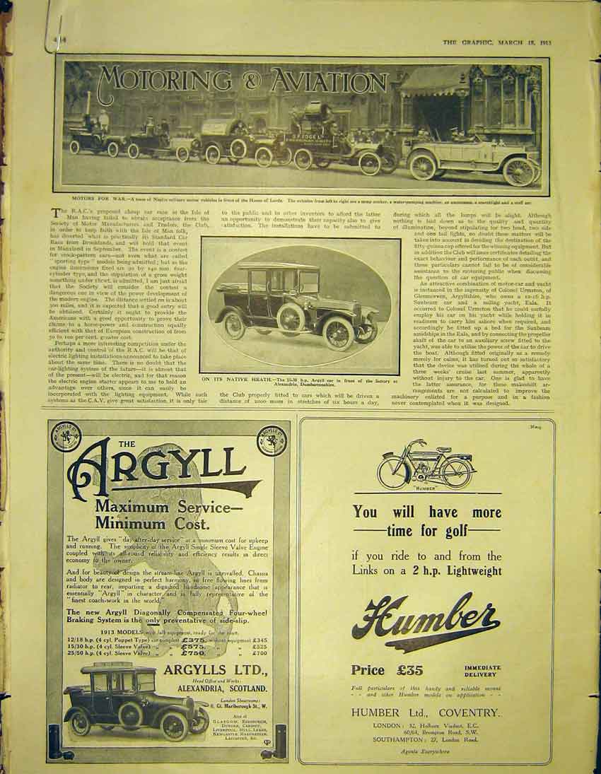 Original Old Antique Print Advert Argyll Auto Humber Doans Arrol-Johnston 1913