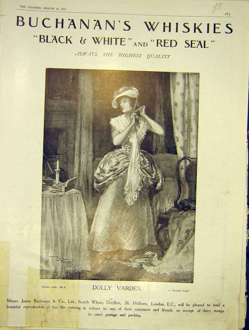 Original Old Antique Print Buchanan'S Whisky Advert Dolly Varden 1913 20th