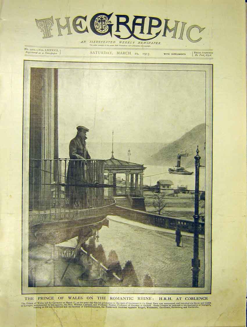 Original Old Antique Print Prince Wales Rhine River Coblence Germany 1913 20th