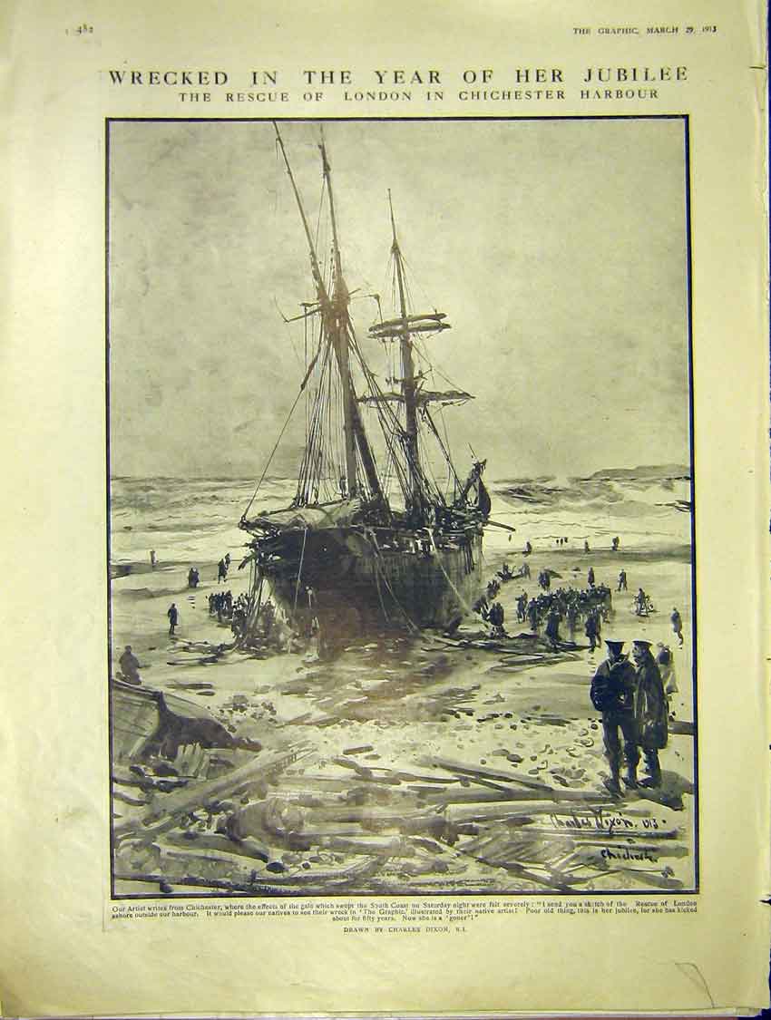 Original Old Antique Print Dixon Chichester Storm Wreck Gales Worthing Uxbridge