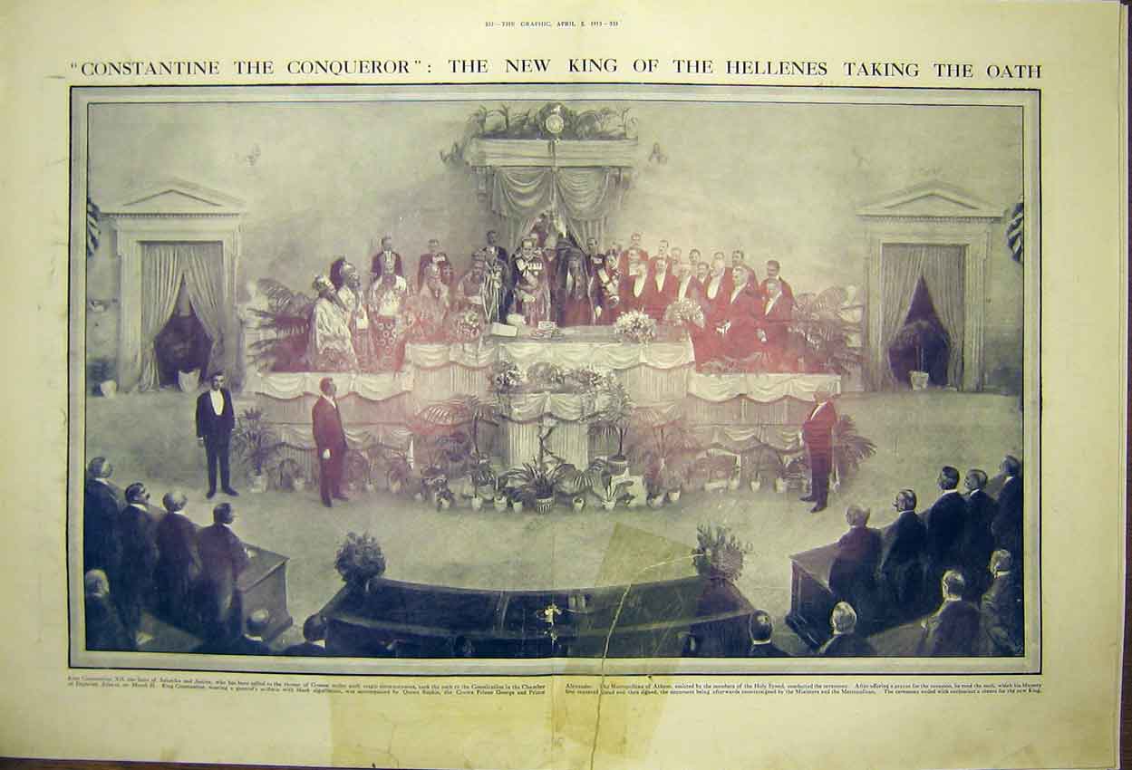 Old Antique Print Constantine Conqueror King Hellenes Oath Ceremony 1913 20th