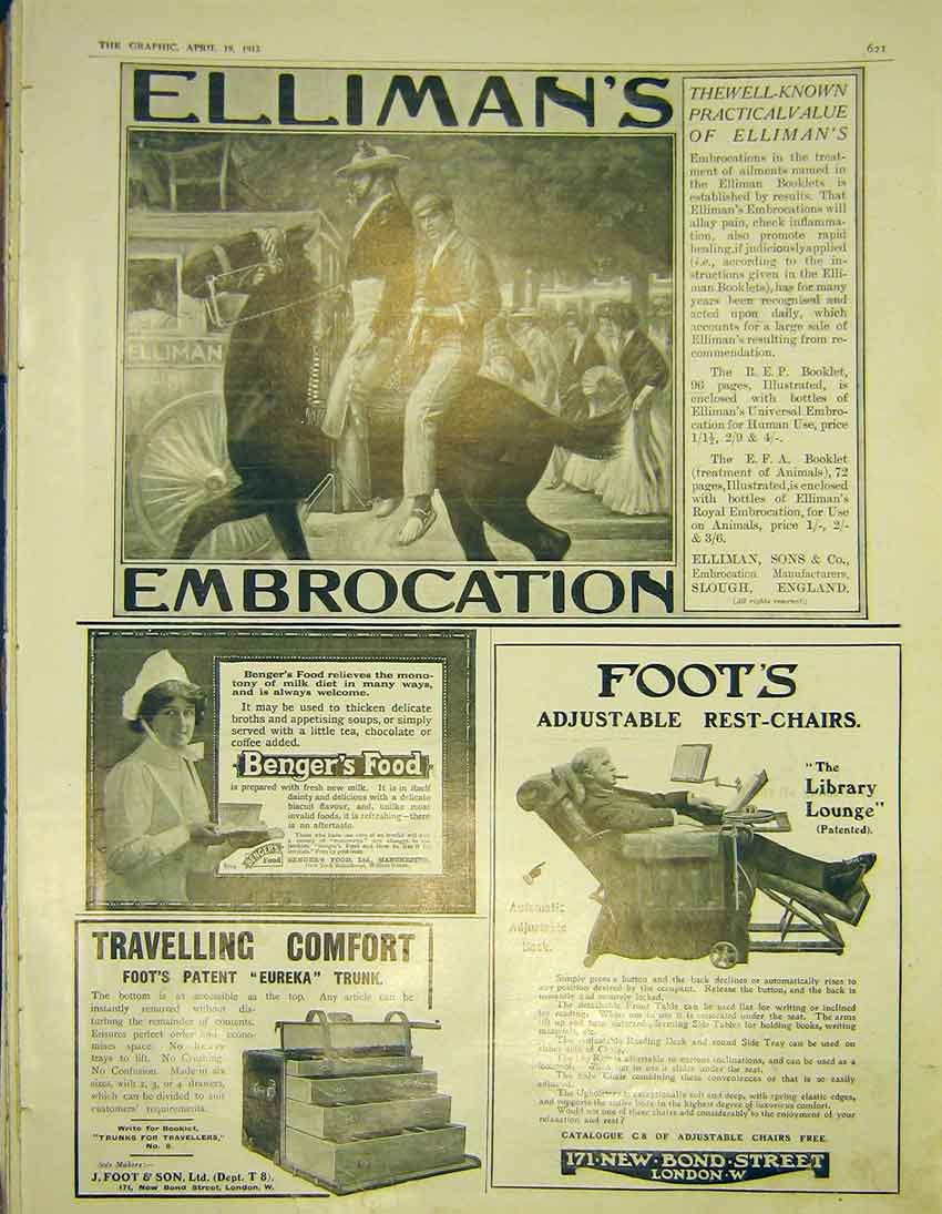 Old Antique Print Advert Elliman'S Embrocation Benger'S Foods Foot'S 1913 20th
