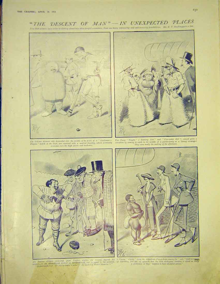 Old Antique Print Descent Man Sketches Eskimo Theatre Aviator Pigmy 1913 20th