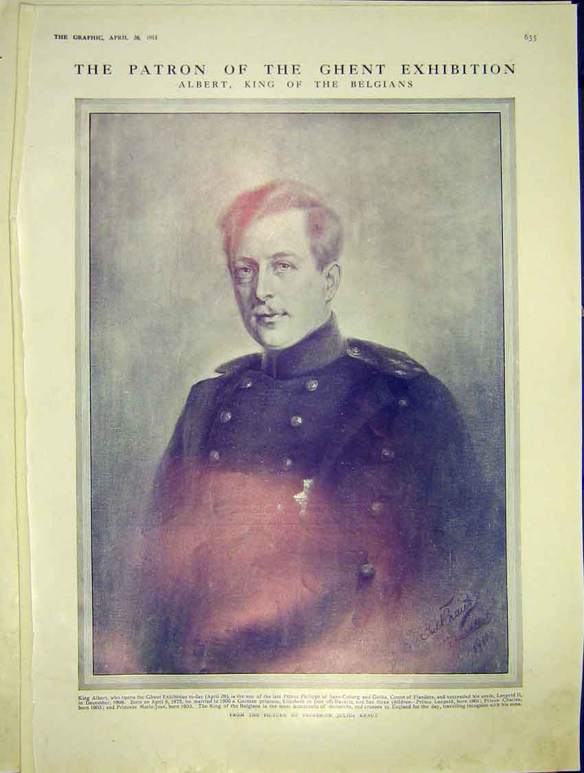 Original Old Antique Print Albert King Belgian Exhibition Portrait Kraut 1913