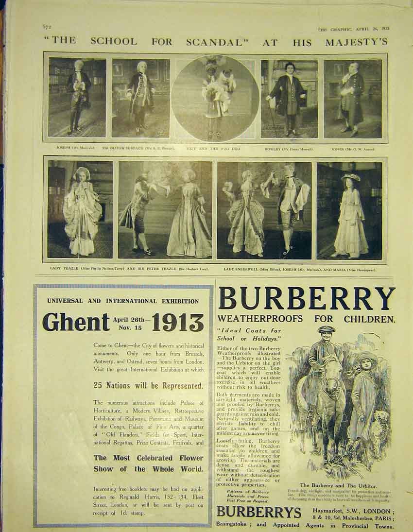 Original Old Antique Print School Scandal Theatre Tree 1913 Burberry Ghent 20th