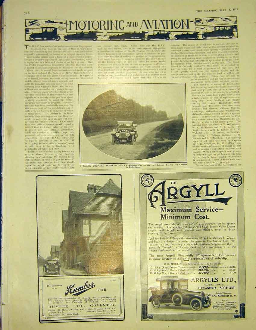 Original Old Antique Print Motoring Aviation Wolseley Car Humber Argyll 1913