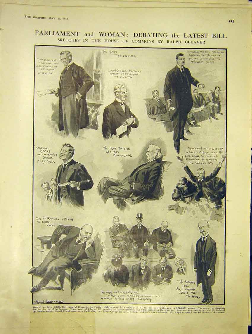 Original Old Antique Print Parliament Woman House Commons Cleaver Sketch 1913