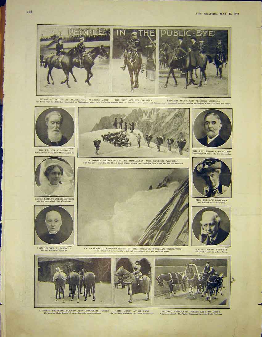 Original Old Antique Print People Public Aldershot Avalanche Mountain 1913 20th