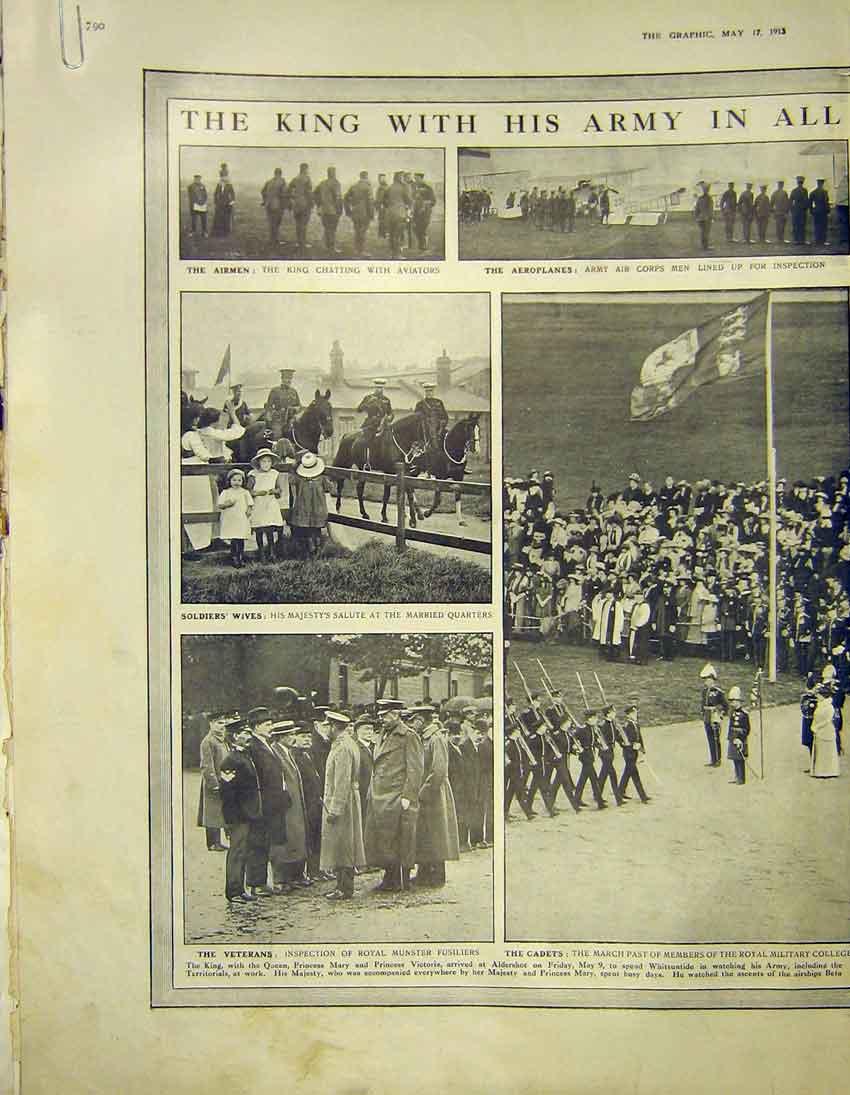 Original Old Antique Print Aldershot Royal King Troops Airmen Aeroplane 1913