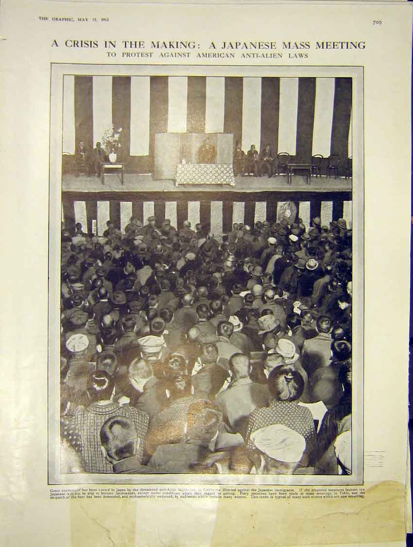 Original Old Antique Print Japanese Mass Meeting Anti-Alien Law Japan 1913 20th