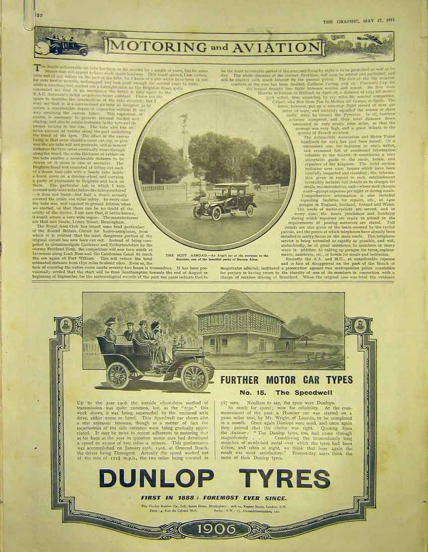 Old Antique Print Motoring Aviation Dunlop Opel Peugeot Motor-Cycle 1913 20th