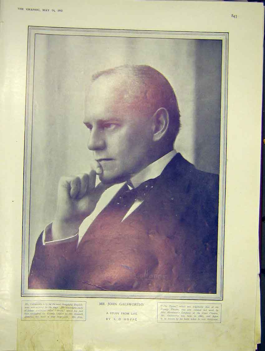 Original Old Antique Print Galsworthy Portrait Study Hoppe 1913 20th Century