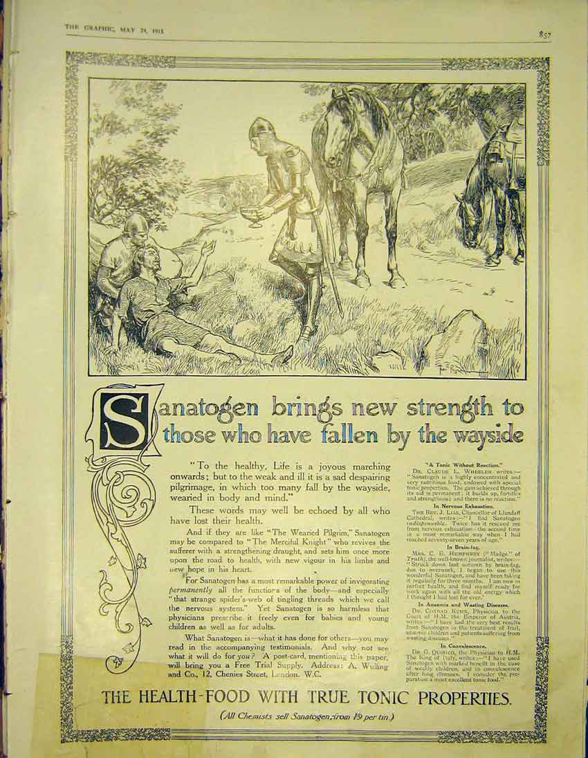 Original Old Antique Print Sanatogen Tonic Health-Food Advert 1913 20th Century