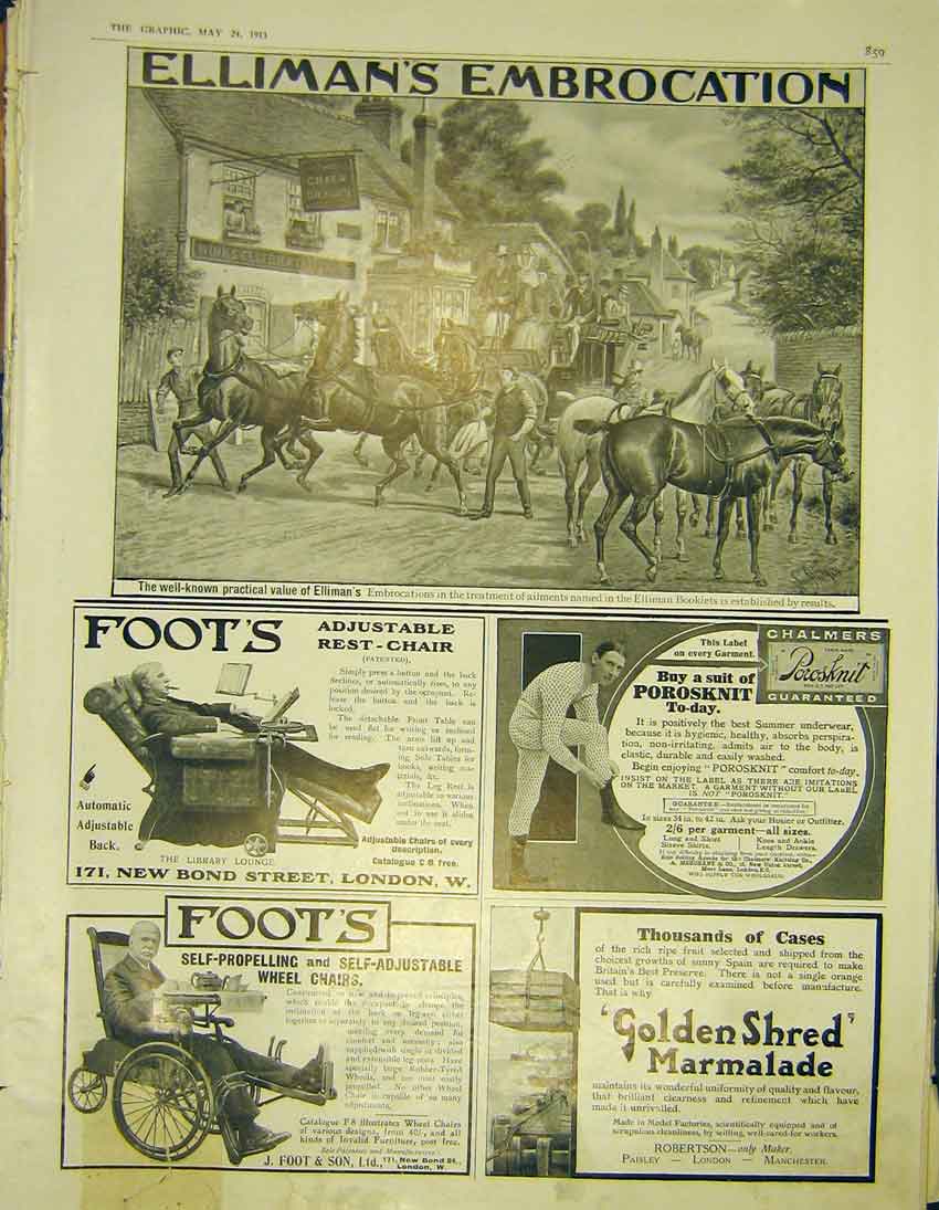 Original Old Antique Print Advert Ellimans Foots Chalmers Genshred 1913 20th