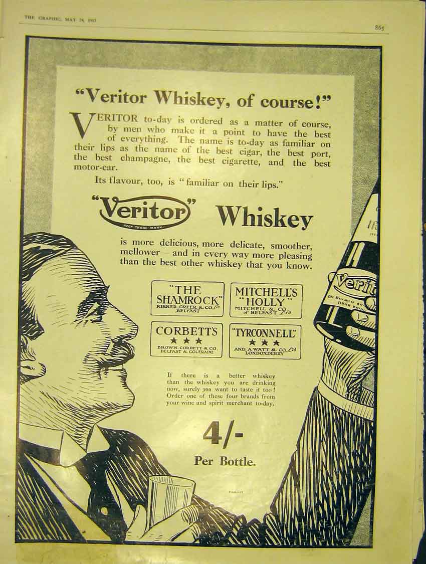 Original Old Antique Print Veritor Whisky Advert Sketch Advertisement 1913 20th