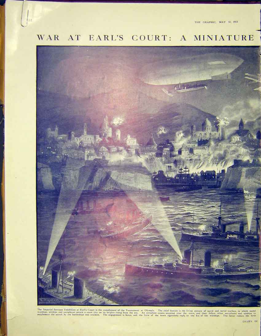 Original Old Antique Print Earls Court War Olympia Battle Ship Byplane Balloon